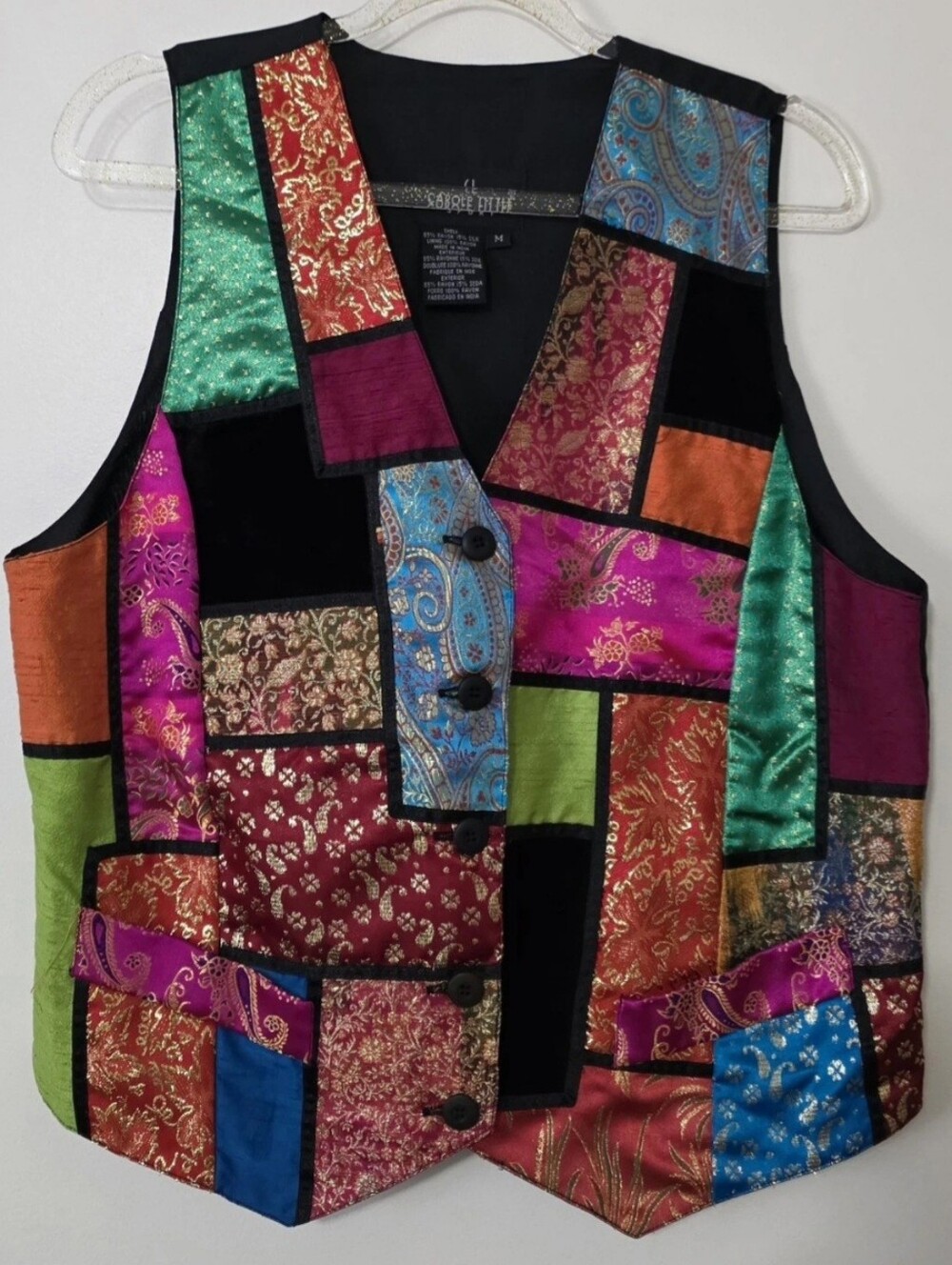 Vintage Carole Little Patchwork Vest Jewel Tones Wearable Art Boho Bright Medium